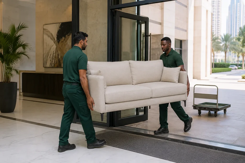 Take My Junk in Dubai team carrying an old sofa out of a Dubai villa
