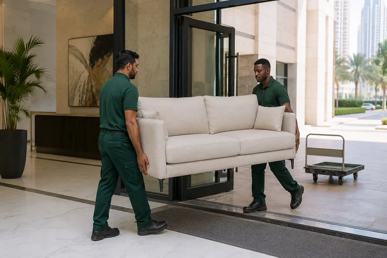 Take My Junk in Dubai team carrying an old sofa out of a Dubai villa