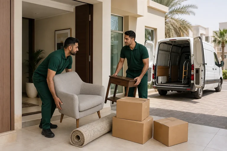 Junk removal team clearing an armchair, side table and boxes from a Dubai home