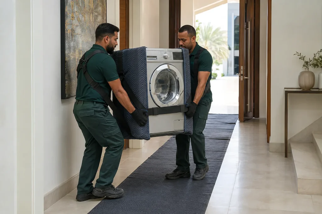 Two-man team carefully carrying an old washing machine out of a Dubai apartment