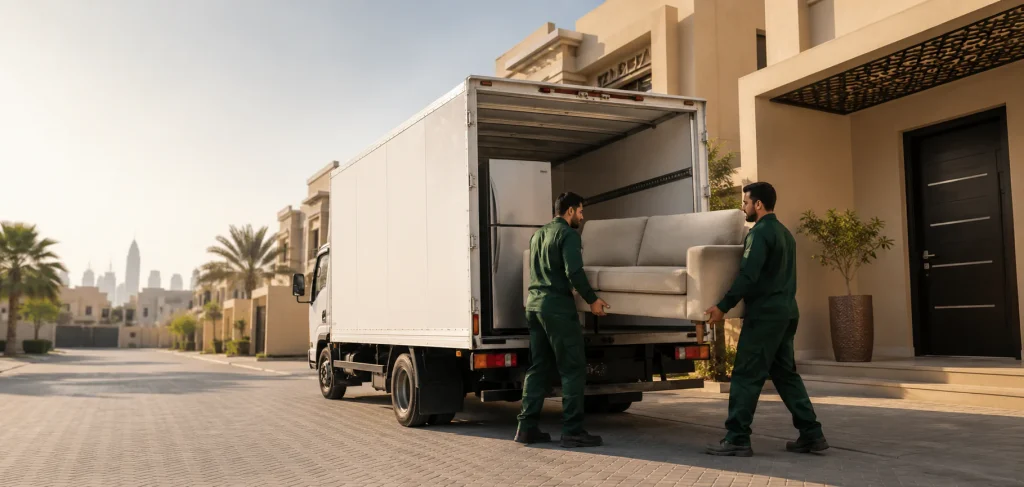 Junk removal team loading an unwanted sofa into a truck in Dubai